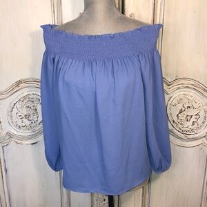 Ann Taylor Petite Sky Blue Smocked Neckline Off Shoulder Long Sleeve Blouse S/MP